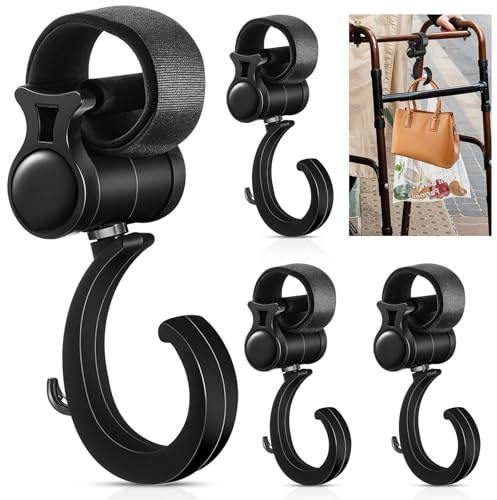 Lot de 4 crochets de suspension pour déambulateur, rotation à 360°, clip de suspension pour poussette de bébé, crochet de suspension pour sac à langer, fauteuil roulant multifonction pour déambulateur