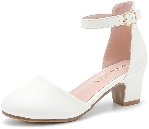 LAURMOSA Flower Girl Shoes White Shoes for Girls Party Shoes Kids High Heels Size 3 Mary Jane Heels Ankle Strap Closed Toe Chunky Block Heels Big Girls Sandals Pumps for Party Wedding (UKL1012White 3)
