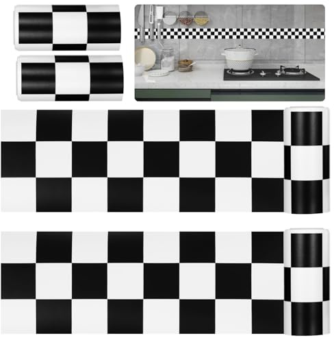 YOFAPA Lot de 4 rouleaux de papier peint autocollant en PVC pour salle de bain, cuisine et voiture, motif à carreaux noirs et blancs, facile à installer et à découper 2,5 m