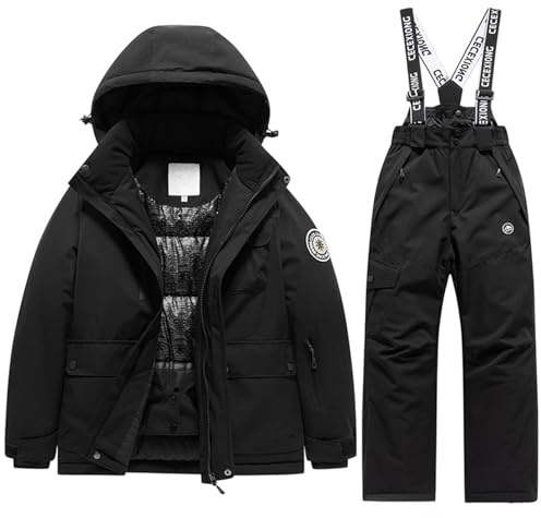 Generisch Combinaison de ski thermique pour enfant garçon et fille - Combinaison de neige chaude pour les conditions météorologiques froides, Noir , 14-15 ans