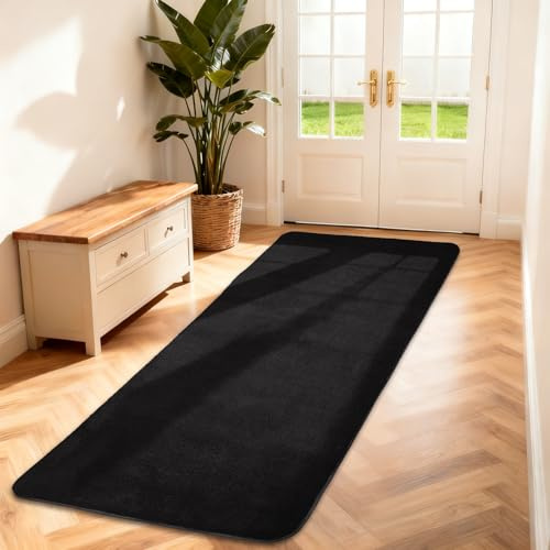 Teppich Läufer Flauschiger Kurzflor, Wohnzimmerteppich, 60X120, Schwarz | Kleiner Matte Flur Teppiche Schlafzimmer, Einfarbiges Bettvorleger Rutschfest für Deko/Küche/Eingang/Kinderzimmer