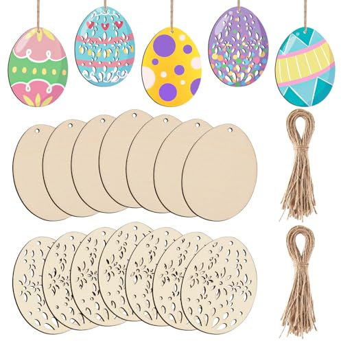 Ezydka 40 Stück Holz Ostereier zum Bemalen Set, Ostern Holzanhänger Ostern Basteln Holz Anhänger mit Schnur zum Osterei DIY Deko Holzanhänger
