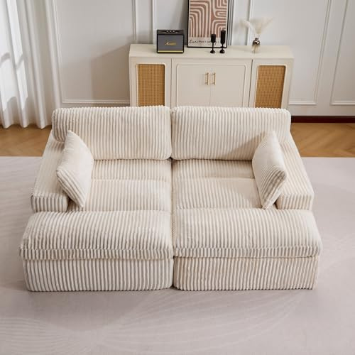 EMKK Cord Sofa 214x145x57 cm, 2 Sitzer Sofa mit Schlaffunktion, Loveseat Sofa mit Armlehnen, Komfort Boneless Couch, Keine Montage Erforderlich, für Wohnzimmer, Schlafzimmer (Weiß)