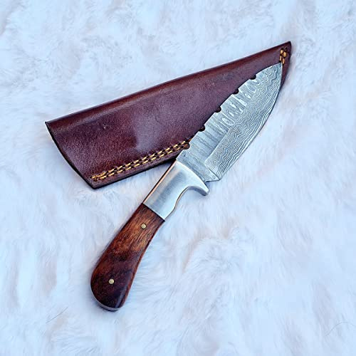 CRAFTOMATIK Damast Stahl Messer | Original Robuste Damaststahlklinge | Griff aus Rosenholz und Edelstahl | Handmade Outdoor Sammlermesser | DHK71