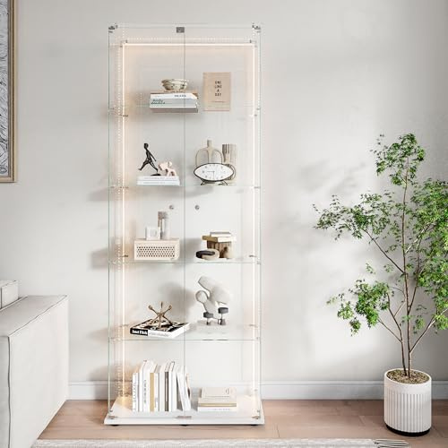 Vitrin stående, glasvitrinskåp med LED-belysning, 5 våningar stående, glasskåp med 2 dörrar, vitrinskåp i glas, låsbart glasskåp, glasvitrinskåp (vit, 2 dörrar 5 våningar B)