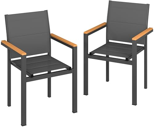 Outsunny Set 2 Sedie da Giardino Impilabili Imbottite in Texteline, Sedie per Pranzo da Esterno in Alluminio con Braccioli Effetto Legno, per Patio Balcone Terrazza Esterno, 56x55x85 cm, Grigio Scuro
