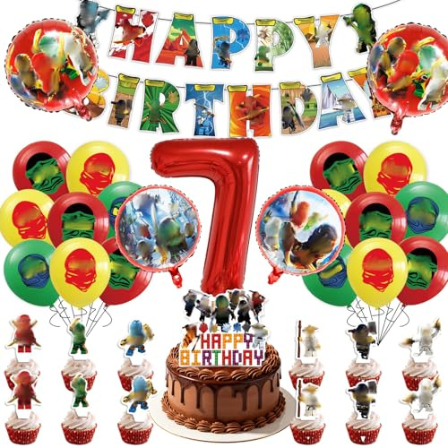 49 Stück Ni-nj Geburtstagsdeko 7 Jahre, Kämpfer Kindergeburtstag Deko Cartoon Luftballons Geburtstag Dekoration Set für Kinder Jungen Mädchen Themenpartys Dekorationen