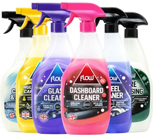 Flow Ultimate Complete Car Cleaning Bundle Set – 6x 750ml Car Detailing Kit with Glass Cleaner, Car Wash & Sealant, Dashboard Cleaner, Tyre & Wheel Cleaner, Multi-Purpose Spray for Interior & Exterior