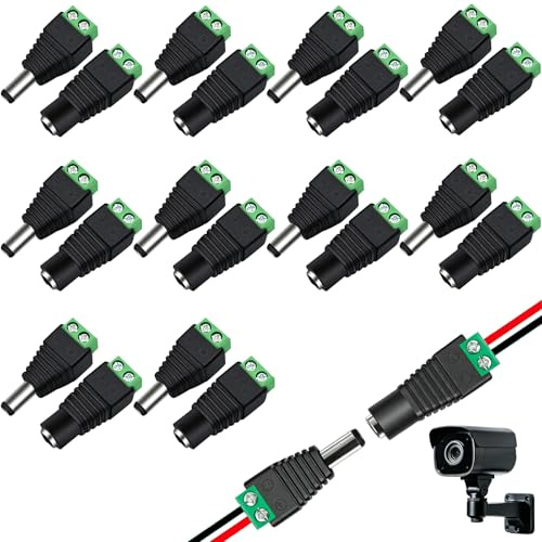 12V Connectors DC Barrel Plug,2.1 x 5.5mm Male Female Power Jack Adapter | 20pcs,Screw Terminal Connectors for CCTV Security Camera LED Light Strips and 5V-24V Devices
