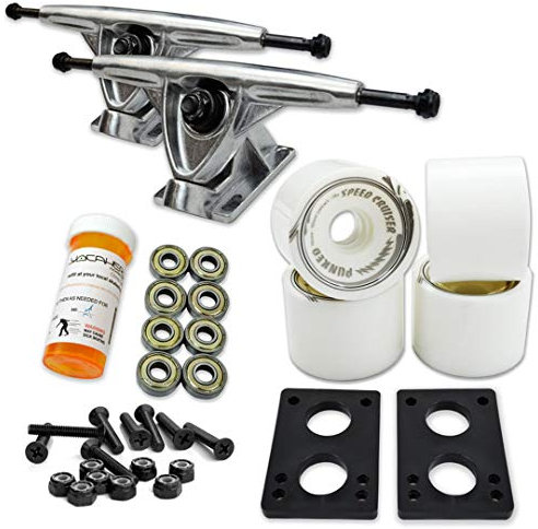 Yocaher Longboard Skateboard Trucks Combo Set 71mm Wheels + 7/180mm Heavy Duty Aluminum Polished Trucks, Bearing, Riser Pad, and Longboard Hardware Package (Solid White Wheels & Polished Trucks)