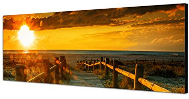 Augenblicke Wandbilder Leinwandbild als Panorama in 150x50cm Strand Dünen Steg Meer Sonnenuntergang