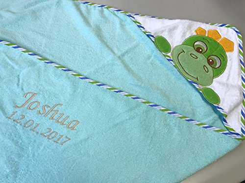 KIDDI-MEDIA Kapuzenhandtuch Bestickt mit Name und Geburtsdatum / 100x100 cm/kuschelig weich / 1A Qualität, 100% Baumwolle (Türkis - Dino)