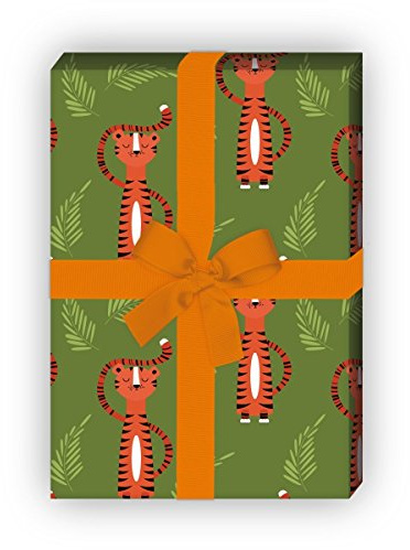 Kartenkaufrausch Cooles Tiger Geschenkpapier Set nicht nur für Kinder, grün, als edle Geschenk Verpackung, Designpapier, scrapbooking, 4 Bogen, 32 x 48cm