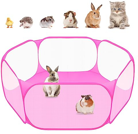 Small Animals C&C Cage Tent, Breathable & Transparent Pet Playpen Pop Open Outdoor/Indoor Exercise Fence, Portable Yard Fence for Guinea Pig, Rabbits, Hamster, Chinchillas and Hedgehogs