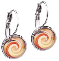 Adi Modeschmuck Ohrring Sienna, farbenfrohe Ornamente unter einem 12mm Glas Cabochon, handgefertigt in berlin (Gelb, Safran und Orange)