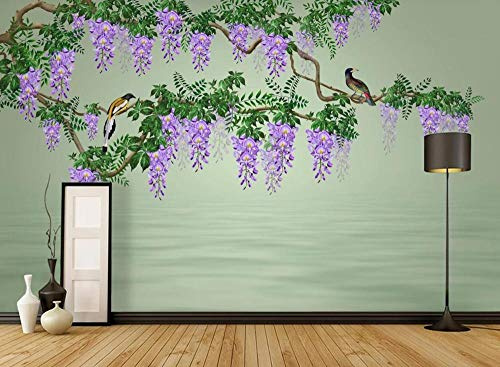 munxin-Papier Peint 3D Glycine Fleur Branche Feuille Verte Oiseau Moderne Intissé Décoration Murale