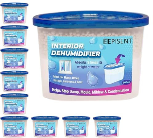 EPISENT 500ml Disposable Moisture Absorber Boxes – Pack of 10 Damp Trap Tubs | Odour-Free Condensation & Mould Remover | Energy-Free Dehumidifier for Home, Wardrobe, Bathroom, Garage & Caravan