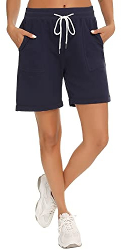 Enjyam Dam 100 % bomull klassiska bermudashorts sportshorts fukttransporterande träningskläder med fickor vandringsshorts, pyjamasbyxor, marinblå, XL