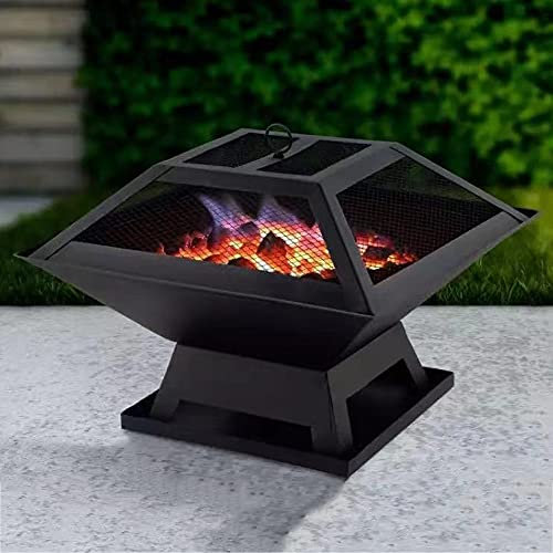 BDXZJ Brasero Exterieur Terrasse, Foyer de Barbecue/Chauffage Carrée avec Fourchette À Feu Couvercle de Protection Contre Les Étincelles pour Terrasse, Patio, Arrière-Cour, Piscine
