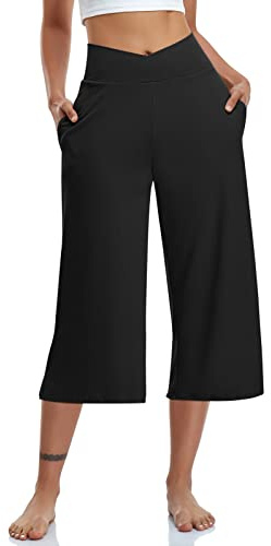 TARSE Womens Casual Wide Leg Yoga Capris Plus Crossover High Waist Capri Pants Loose Soft Pajama Pockets Sweatpants(Black,XL)