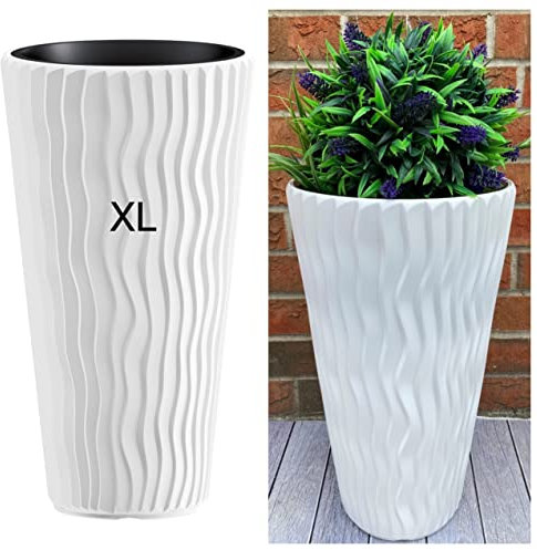 MELTOM Blumentopf mit vertikaler Wellenoptik herausnehmbarem Einsatz aus Kunststoff Pflanzkübel (Weiß, XL)