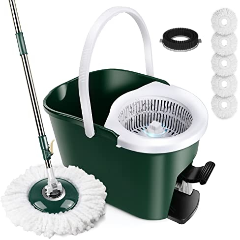 Myiosus Juego de fregona y cubo escursor, escoba de flequillo con cubo de pedal, fácil extracción, mango de acero inoxidable, mopa para limpieza de suelo – 5 almohadillas de microfibra (Verde)