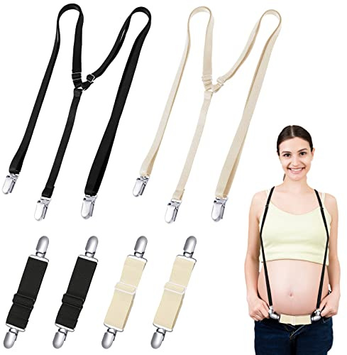 Jiuguva 6 Pcs Women's Suspenders for Pants Under Clothes and Maternity Suspenders for Pregnant Women Set 2 Pcs Y Back Style Pants Extender and 4 Adjustable Elastic Maternity Belly Bands, Black Beige