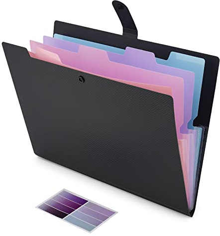 NAFY Colorful Expanding File Folder, 5 Pockets Folder with Colored Labels Portable Weave Pattern Accordion File Folder A4 Letter Size Project Organizer Document Folder for Office School (Black)