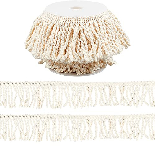 AHANDMAKER Flecos de cortina de 10 yardas, ribete de flecos de lingotes de tela beige, adornos de fibra de algodón con borlas y pesos, para decoración de bricolaje