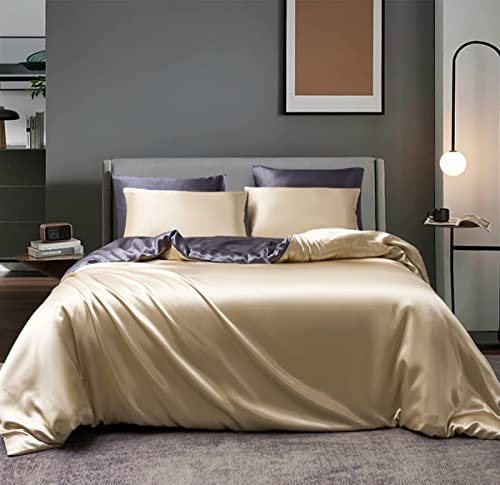 Boqingzhu Satin Bettwäsche 135x200 cm Gold Beige Grau Anthrazit Seide Glanzsatin Bettwäsche Set Luxus Glatt Glänzend Wendebettwäsche Set 2Teilig Bettbezug und Kissenbezug 80x80cm