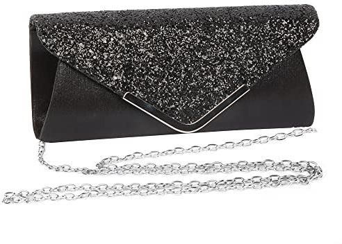 Minicloss Damen Glitzer Clutch Abendtasche Clutch Damen, Elegante Envelope Tasche Kettentasche Glänzend Handtasche für Wedding Prom Party (Schwarz)