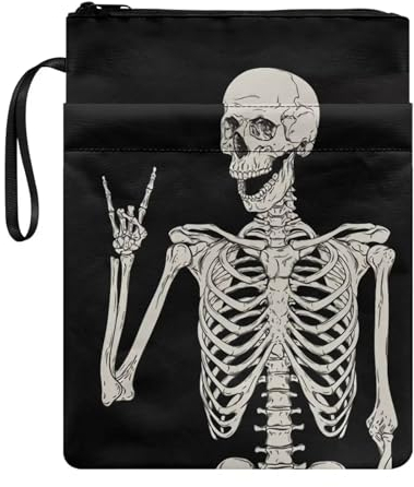 ZIATUBLES Schwarze Buchhülle mit Totenkopf-Druck, für Buchliebhaber, strapazierfähige Buchumschläge für Taschenbücher, wasserdichte Buchschutztasche mit Reißverschluss, 29,6 x 21,6 cm, Geschenk für