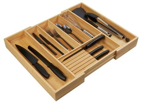 Orga-Box III BAMBUS Besteckeinsatz ausziehbar für Schubladenbreite 40-60 cm | für Nobilia Küchen ab August 2012 Holz-Besteckkasten mit 5 - 7 Fächer inkl. Messerblock