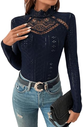 GORGLITTER Dam bodysuit elegant bodies ståkrage ögla broderi bodys långärmad body med spetsinsats, Kungsblå, L