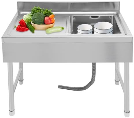 Kaichenyt Edelstahl Werkbank Spülbecken, Einzelbecken Spültisch mit Ständer & Plattform Ablassvorrichtung für Außen Innen Küche Restaurant