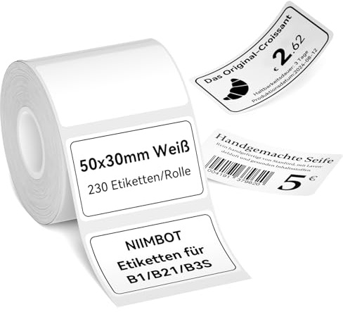 NIIMBOT Etiketten Selbstklebender Etikettenband für B1 B1Pro B2 B2Pro B21 B21Pro B31 B3S K3 Etikettendrucker, 50 x 30 mm, 1-Rollen Thermo-Etikettenband für Einzelhandel, Büro, Weiß