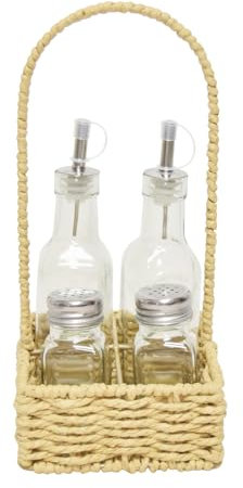 Menage Set Essig Öl Salz Pfeffer im Körbchen | Spender Gewürzstreuer | 13x29 cm