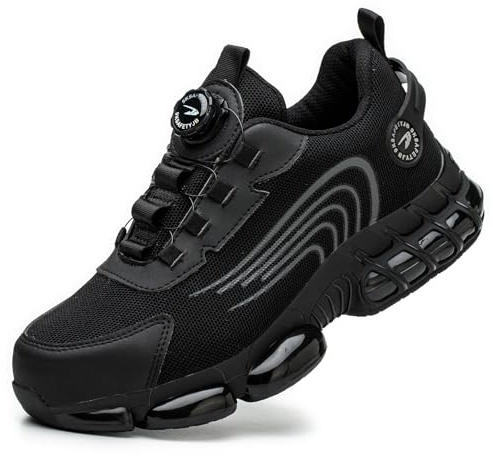 GemChve Arbeitsschuhe Sicherheitsschuhe Herren Damen Stahlkappen Anti-Smashing Leicht Sportlich Atmungsaktiv Selbsthemmend Schnellverschluss Mode Schutzschuhe Black 44 EU