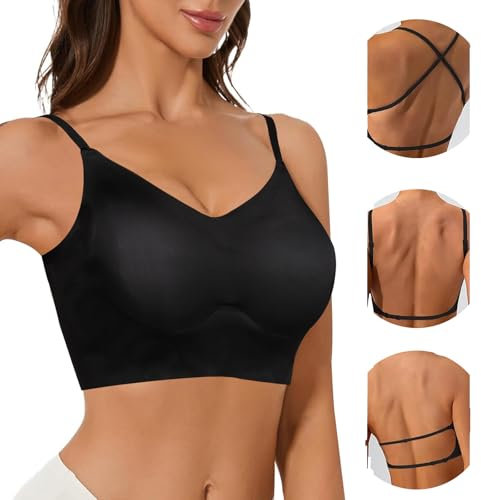 Runmeihe Backless Bra with Multiway Convertible Strap, Low Back Deep U Wire-Free Bras for Backless Dresses, Invisible Seamless Halter Neck Bra for Women Skin (UK, Alpha, XL, Regular, Regular, Black)