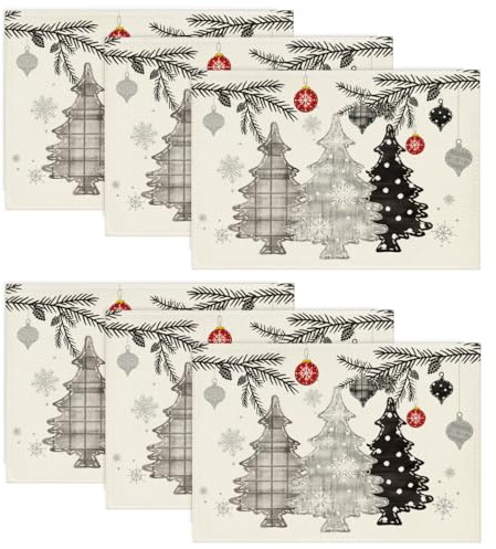 Artoid Mode Grau Kiefer Bäume Weihnachten Platzsets 6er Set, 30x45cm Winter Xmas Tischset Waschbar Platzdeckchen Küche Party Deko