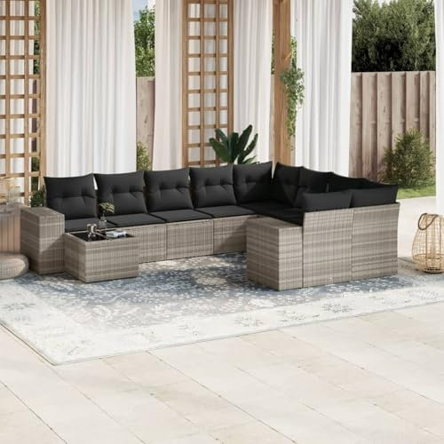 Homgoday 10-TLG. Garten-Sofagarnitur mit Kissen Balkonmöbel Gartensofa Gartenlounge Gartenmöbel Lounge Sofa Sitzgruppe Balkonsofa Balkonlounge Gartenset Hellgrau Poly Rattan