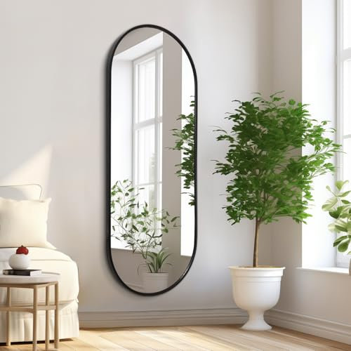 HLFMVWE Miroir mural ovale noir pleine longueur pour salle de bain, cadre en aluminium, miroir mural rectangulaire en forme de pilule pour vanité, salon, entrée 120 x 40 cm