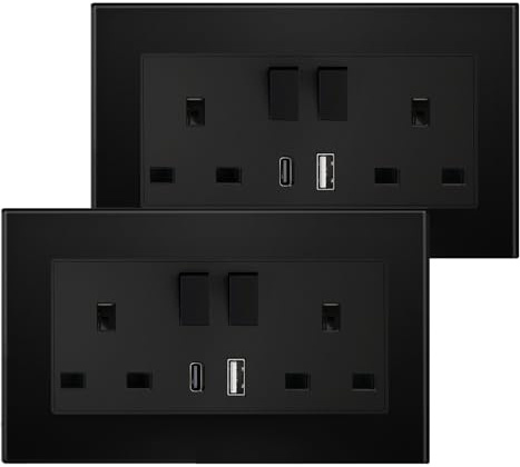 BSEED Double Switched Sockets with USB C and USB A Charging Ports, UK Standard Electric Power Sockets with Glass Panel, 2 Gang 13A Wall Socket, Black, 2 Pack