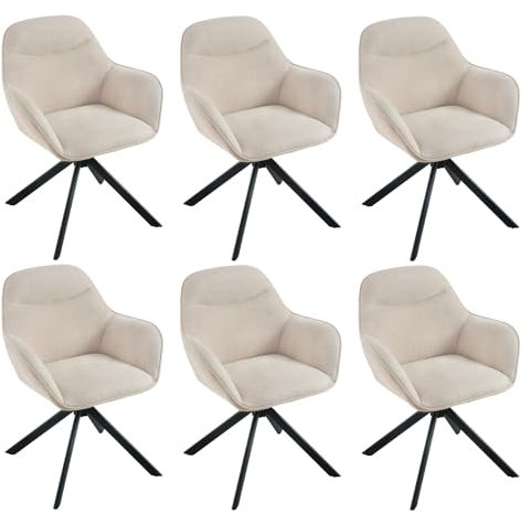 Goeurvant Drehstuhl Esszimmer Beige mit Armlehne, 6er Set Esszimmerstühle drehbar, Armlehnstuhl, Küchenstuhl, Polsterstuhl aus Polyester mit Metallbeine und Rückenlehne für Esszimmer Küche Büro