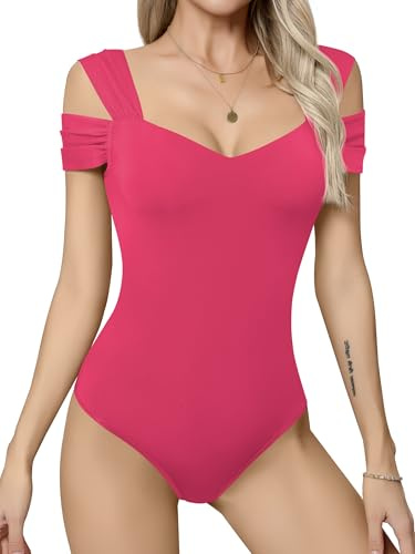 Missufe Body da donna elegante per l'estate, spalline scese, Bodysuit, top T-shirt, Colore: rosa., L