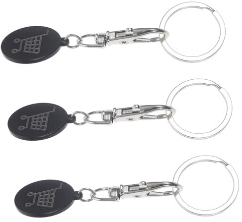 AUTSUPPL 3pcs Shopping Trolley Tokens Keychain Set, Stainless Steel Small Cart Coin Key Rings Black Finish, Anti-loss Keychain Pendant for Supermarket Cart Accessory