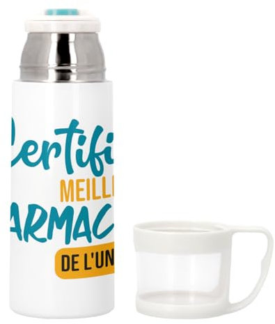 Bouteille thermo en Inox avec Tasse Intégrée - Certifié meilleur Pharmacien de l'univers Docteur Pharmacie Medicament - 350ml - Bouteille Isotherme