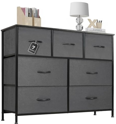 Sweetcrispy Kommode mit Stoff-Schubladen, Sideboard mit 7 Stoff-Schubladen, Schubladenschrank, Organisationsmöbel für Küche, Büro, Flur, TV-Schrank mit Schubladen, Mittelgrau