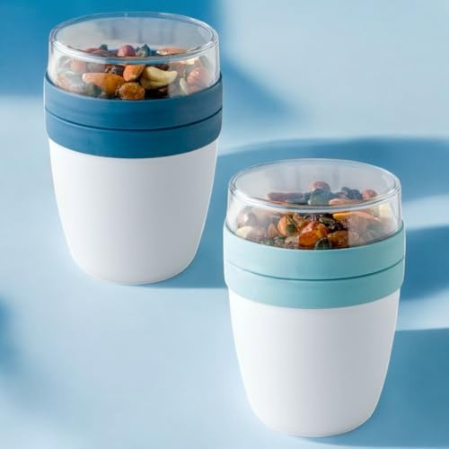 Pro Home MIXME Cereal Cups To Go (650ml) | Yogurt Pot With Reusable Spoon BPA-Free Dishwasher Safe | Leakproof Breakfast Pots With Lids | Portable Granola And Yoghurt Pot (2 Pack) (Navy & Blue)