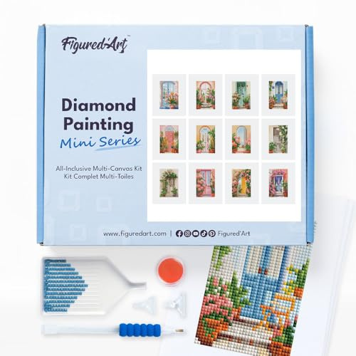 Figured'Art Mini Set Diamond Painting - Porte - Scatola Premium 12 tele da 15x18cm, Diamonds Quadrati Art 5D - Hobby Attività Creativa per Adulti